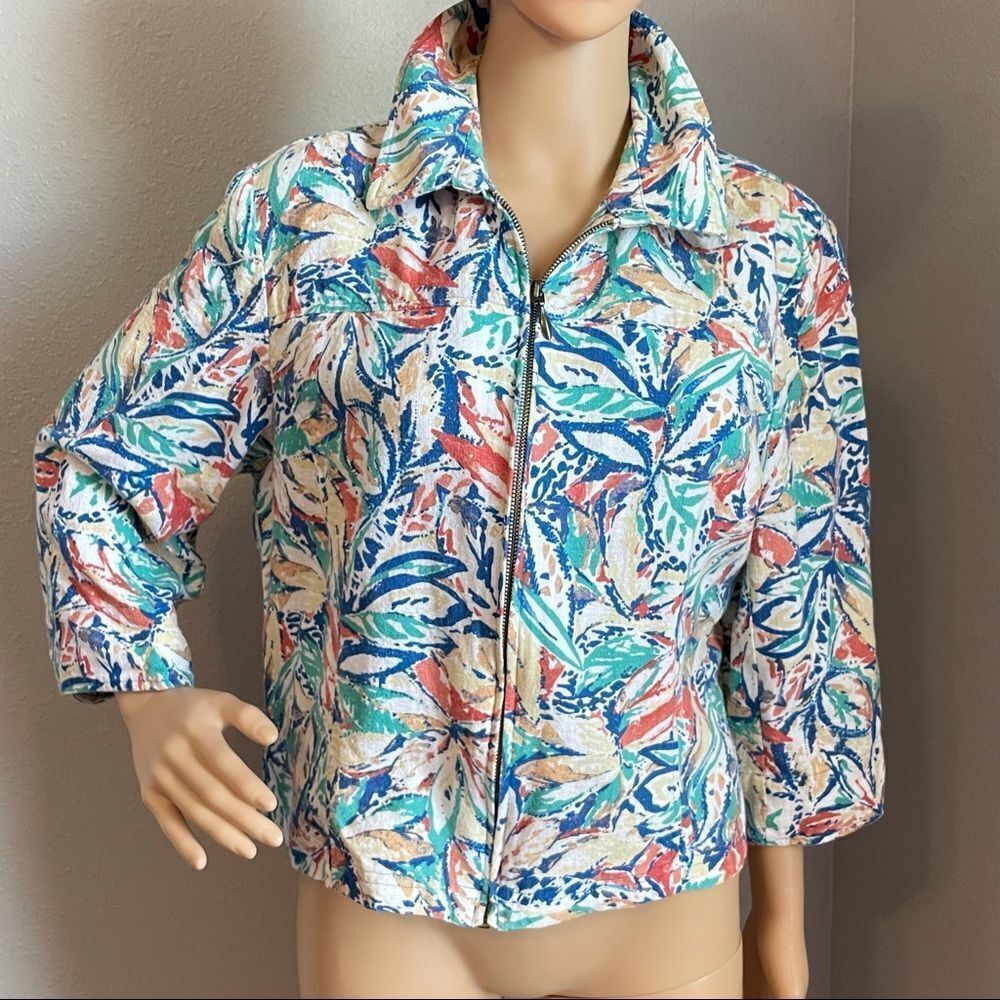 Coldwater Creek 3/4 Sleeve Colorful Watercolor Design Floral Zipper Jacket Large